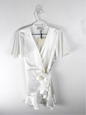 DRESS FORUM Cream Short Sleeves Ruffle Trim True Wrap Dress Large Graduation